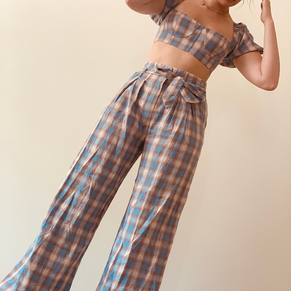 FashionNova Two Piece Blue and Tan Plaid Pant Set - Picture 1 of 3